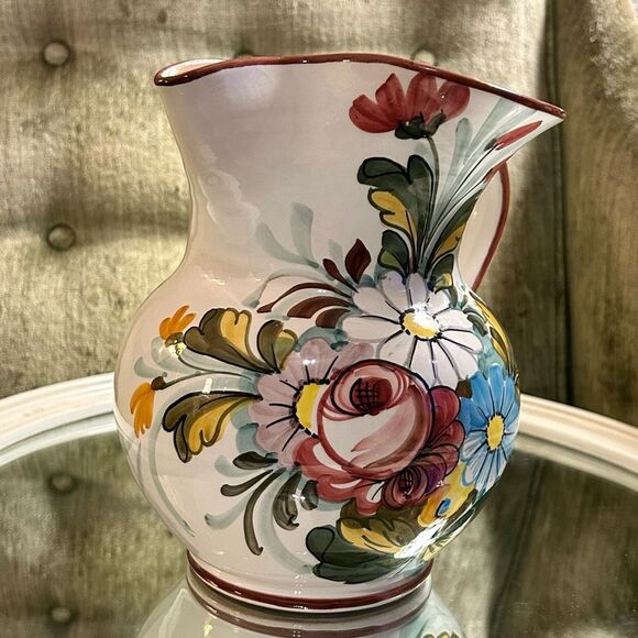 Castelli Italy Hand Painted Ceramic Pitcher Spring Flowers 7.5” x 6” | Vintage - Picture 3 of 7